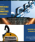 Budgit 1-ton pneumatic air hoist, yellow body with black hook (front view)