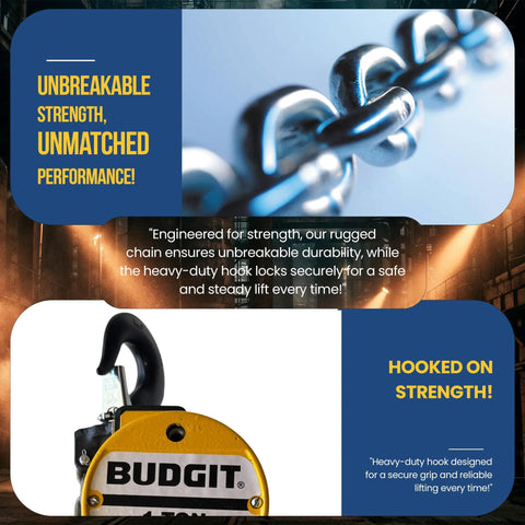 Budgit 1-ton pneumatic air hoist, yellow body with black hook (front view)