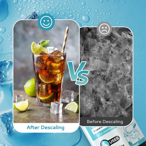 16 Fl Oz Ice Maker Descaler Cleaner Universal Descaling Solution For All Brand Ice Makers The Go To Non Toxic Citric Acid Formula Odor Free Safe On Nickel Stainless Chrome Also Great For Coffee And Espresso Machines, before and after ice comparison