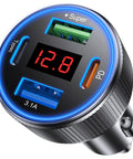 Four Port Car Charger With Voltmeter 78W Fast Charge USB C And USB A Hub for Cars On The Go showing LED display and ports