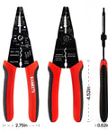 All In One Wire Stripper And Cable Splicer Tool for 10 22 AWG with ergonomic TPR handles and measurement guide, shown front and side view