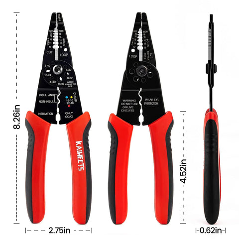All In One Wire Stripper And Cable Splicer Tool for 10 22 AWG with ergonomic TPR handles and measurement guide, shown front and side view