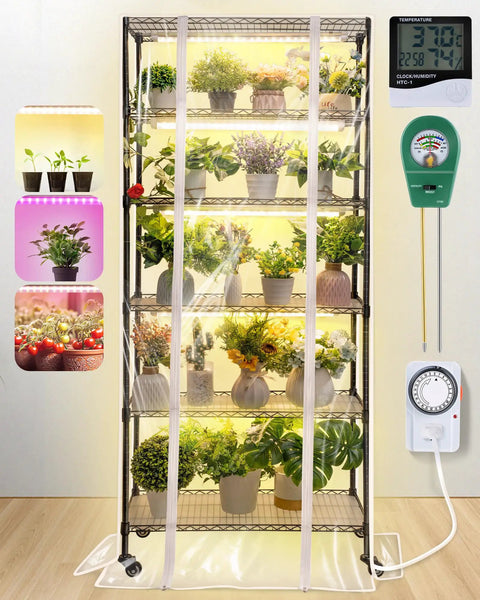 Indoor Greenhouse Kit With Grow Lights For Seed Starting, 6 Tier Metal Plant Rack With Clear Cover, Full Spectrum Lamps