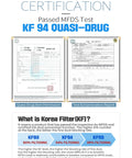 Certification document showing MFDS pass for KF94 quasi-drug, highlighting 94% filtration in Top Notch KF94 Mask For Adults Black Individually Packaged 30 Masks Made In Korea Premium Micro Dust Protection For Everyday Use And Serious Health Focus.