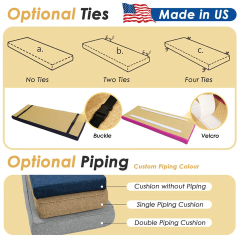 Custom Size Bench Cushion For Indoor Outdoor Use With 70D Foam Waterproof Cover Embroidery And Made To Your Specs Fits Patio Couch Bay Window Chair Sofa Swing Garden Seat And Breakfast Nook showing optional ties and piping styles