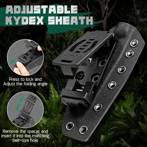 Adjustable Kydex sheath for Rugged Fixed Blade Outdoor Knife With D2 Steel Blade and Toothed Spine Full Tang shown in forest setting.