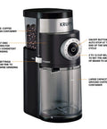 Home Barista Ready Burr Coffee Grinder With 12 Grind Settings And 8 Oz Capacity For Drip French Press Espresso Pour Over And Cold Brew In Stainless Steel With Auto Stop And Easy Clean, showing front view with control dial and bean container.
