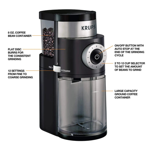 Home Barista Ready Burr Coffee Grinder With 12 Grind Settings And 8 Oz Capacity For Drip French Press Espresso Pour Over And Cold Brew In Stainless Steel With Auto Stop And Easy Clean, showing front view with control dial and bean container.