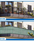Before and after using 3x10 Patio Privacy Screen For Balcony And Fence Cover Railing Netting Mesh Shade Fabric Balcony Cover For Outdoor Deck Backyard Porch Railing Shield That Beats Sun Glare By Ninety Percent Green