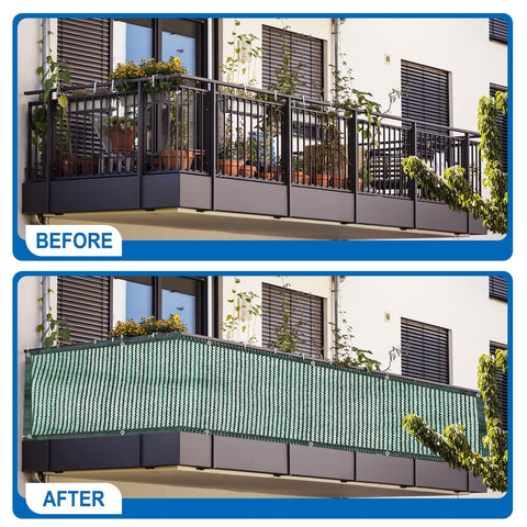 Before and after using 3x10 Patio Privacy Screen For Balcony And Fence Cover Railing Netting Mesh Shade Fabric Balcony Cover For Outdoor Deck Backyard Porch Railing Shield That Beats Sun Glare By Ninety Percent Green