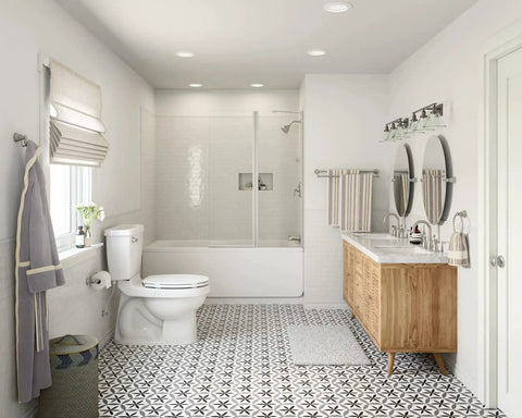 Modern bathroom featuring the Banbury Pivoting Toilet Paper Holder in Brushed Nickel beside a toilet, showcasing elegant decor.