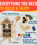Sweet Bug Hotel Kit for Kids Easy Cedar Wood Insect House Craft Kit With Tools, paints, screws, cedar wood pieces displayed.
