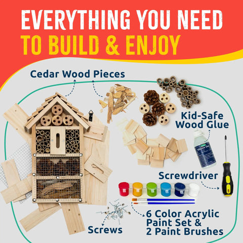 Sweet Bug Hotel Kit for Kids Easy Cedar Wood Insect House Craft Kit With Tools, paints, screws, cedar wood pieces displayed.