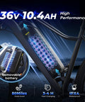 Powerful 1500W Peak Electric Bike with 36V 10.4Ah removable battery, showcasing 80 mile range and app control features.