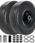 Flat Free 4.10/3.50-4 Tire And Wheel Set, Heavy Duty, 10 Inch Solid Wheel With 2.2 Inch Offset Hub, 5/8 Inch Axle Bore, Adapters, Black