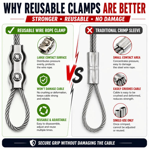 Comparison of reusable clamp and traditional crimp sleeve with One Eighth Inch Stainless Steel Wire Rope Kit With Reusable Cable Clamps.