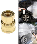 Set Of 2 Pressure Washer Adapters Quarter Inch Quick Connect To M14 Thread Brass Coupling, image of adapter and car wash spray in use