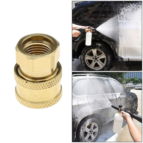 Set Of 2 Pressure Washer Adapters Quarter Inch Quick Connect To M14 Thread Brass Coupling, image of adapter and car wash spray in use