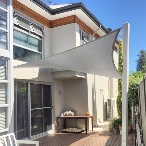 13 Foot by 13 Foot Sun Shade Sail Rectangle Canopy for Patio Backyard Garden Outdoor UV Block Breathable 180GSM Poly Fade Resistant Not Waterproof Gray Shade Cover for Cool Outdoor Hangouts installed over a wooden deck area