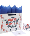 Large 13 Inch Baseball Themed Birthday Gift Bag With Handles, Greeting Card, Tissue Paper And Stickers For Boys Kids Teens, Sports Gift Bag For Baseball Fans, featuring blue tissue paper and matching card.