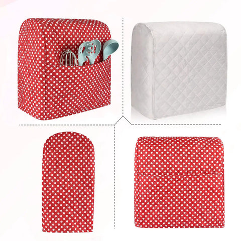 Durable Quilt Stand Mixer Cover For 6 To 8 Quart Tilt Head Bowls with red polka dots and pockets, fits Hamilton models