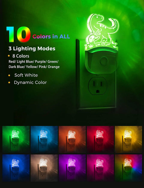Dinosaur Night Light For Kids And Boys Plug In LED Nightlight with RGB Color Changing and Soft White 3000K options, shown plugged in with multiple colors.