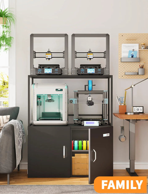 Heavy Duty Multi Shelf 3D Printer Stand With Smart Active Dehumidifying Filament Dry Box Featuring Industrial Airtight Lock To Keep Humidity Out And Save Your Expensive Spools For Flawless Pla Abs Petg in a home workshop setting.