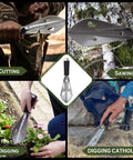 Ultralight Camping Trowel Shovel Multitool with saw and ruler used for cutting, sawing, digging, gardening, outdoor use, stainless steel.