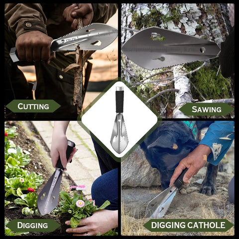 Ultralight Camping Trowel Shovel Multitool with saw and ruler used for cutting, sawing, digging, gardening, outdoor use, stainless steel.