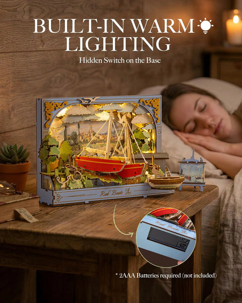 Monet Red Boats 3D Wooden Puzzle Kit For Adults With LED Light DIY Wall Art Craft Set Home Decor Dope Mindful Creative Gift For Christmas And Seasonal Decor, lit on bedside table
