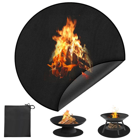 Round Fire Pit Mat For Bonfire And Outdoor Cooking Built To Take The Heat Heavy Duty Fireproof Under Grill Mat with fire graphic