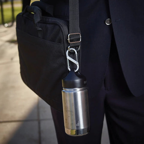 Size 3 SBiner Dual Carabiner Stainless Steel, Double Gated Clip for Keychains, Gear and Outdoor Use attached to bag with bottle