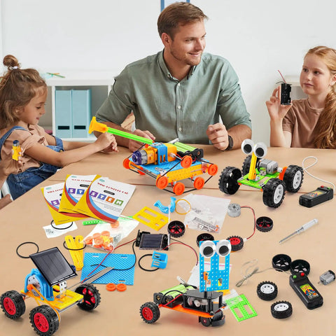 Family assembling Five In One Hands On Robot STEM Kit Set For Kids Ages 8 To 12 Including Solar Powered Car Wind Powered Car and others