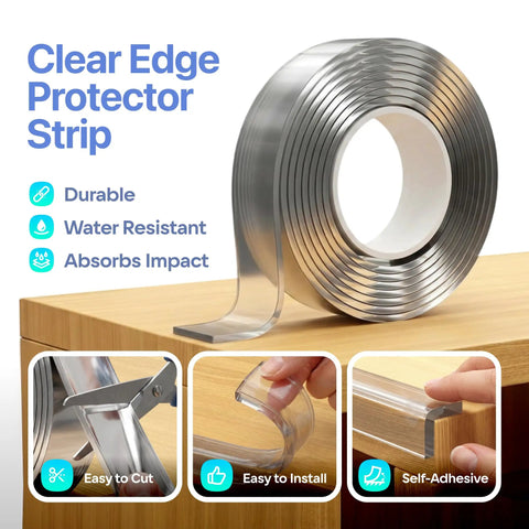 Knockout Baby Proofing Corner Guards And Edge Protective Tape 16 Feet Clear Cabinet Safety Strip installation example on wooden furniture.