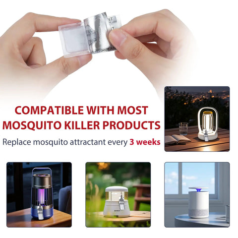 Hands displaying Six Pack Mosquito Zapper Lure Refills Attractant Bait with compatible mosquito trap images