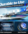 High Speed RC Boat 30KMH With Waterproof Hull, 7 LED Light Modes, 2.4GHz Remote, Self Righting, Water Cooling, 120m Range