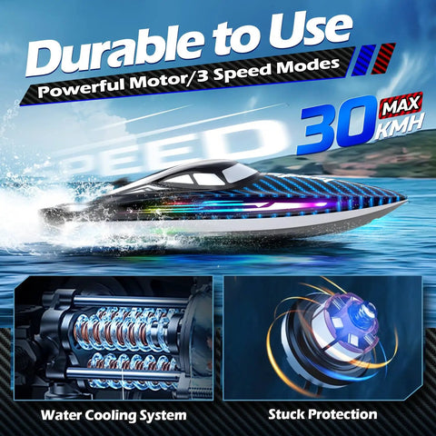 High Speed RC Boat 30KMH With Waterproof Hull, 7 LED Light Modes, 2.4GHz Remote, Self Righting, Water Cooling, 120m Range