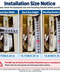 Installation size notice for JCQASRT 19.69 in Modern Wall Sconce, showing back box dimensions and mounting bracket details.