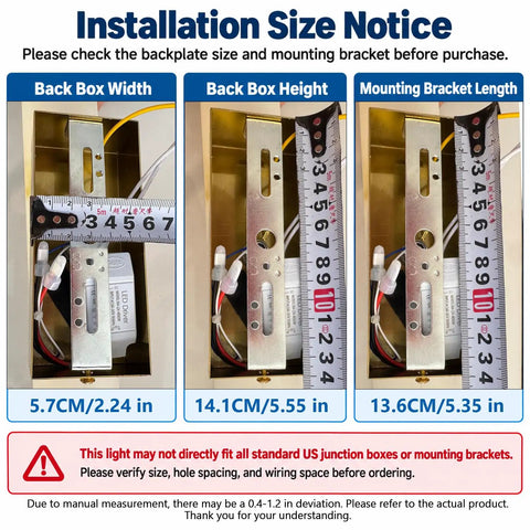 Installation size notice for JCQASRT 19.69 in Modern Wall Sconce, showing back box dimensions and mounting bracket details.