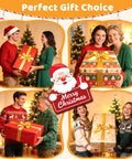 People exchanging Christmas gifts, featuring four different scenes with festive wrapped presents and decorated Christmas trees.
