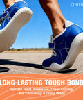 Person running in blue sneakers demonstrating the effectiveness of the Heavy Duty Shoe Glue Kit 29.5 Milliliters Each 2 Pack Clear Adhesive For Sneakers Boots Leather Rubber And Canvas Waterproof Flexible Repairs For Soles Heels Patches And More Dries In 24 Hours, with a durable sole on pavement.