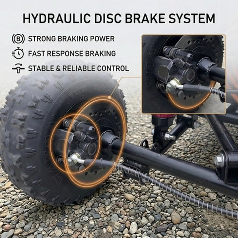 Hydraulic disc brake system on Rugged 72V Adult Electric Off Road Go Kart with detailed close-up view