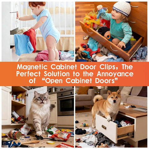 Babies and pets messing with open cabinets, showcasing need for 10 Pack Ultra Thin Magnetic Cabinet Door Catch Set With Double-Sided Adhesive Stainless Steel Latches No Drill Required Install Strong Hold For Cabinets And Closets 0.12 Inch Thick