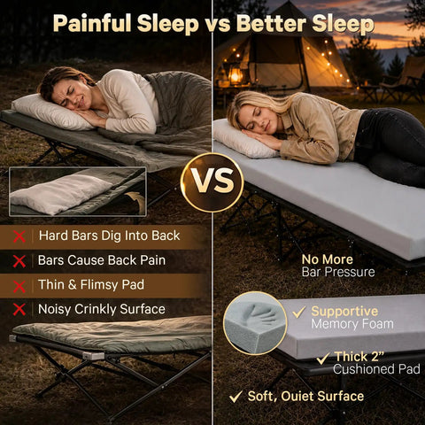Comparison of painful sleep on thin pad vs better sleep on 2 Inch Memory Foam Comfy Camping Cot Pad For Folding Cots