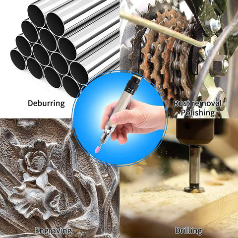 Heavy Duty Pneumatic Pencil Die Grinder Featuring Wicked Fast 70000 RPM Air Motor used for deburring, polishing, engraving, and drilling.