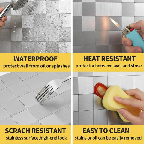 Copper Peel and Stick Backsplash Tiles, 10 Sheet Mosaic, showcasing waterproof, heat resistant, scratch resistant, easy to clean features.