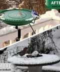 Heavy Duty Heated Bird Bath For Deck Railing With Smart Thermostat Quick Winter Defrosting 100W, green finish, warm water with birds.