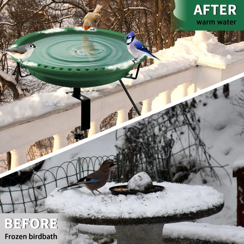 Heavy Duty Heated Bird Bath For Deck Railing With Smart Thermostat Quick Winter Defrosting 100W, green finish, warm water with birds.