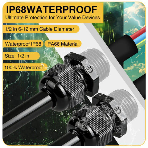 15 Pack Waterproof Cable Glands Half Inch NPT Adjustable Nylon PA66 With Gaskets And Locknut IP68 Heavy Duty Workhorse Vibration Proof For Junction Boxes And Industrial Machinery Black, 1/2 in cable gland