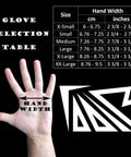 Glove selection table showing sizes and hand width for Built Different Heavy Duty Work Gloves With Breathable Leather Palms And Touchscreen Compatible Tips Machine Washable Reinforced Knuckles Zero Slip Grip For Mechanics And Electricians.